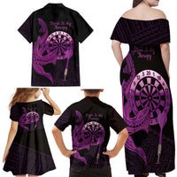 Aloha Hawaii Darts Family Matching Off Shoulder Maxi Dress and Hawaiian Shirt Dart Board With Polynesian Shark - Purple LT14 - Polynesian Pride