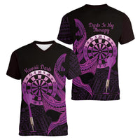 Aloha Hawaii Darts Women V-Neck T-Shirt Dart Board With Polynesian Shark - Purple