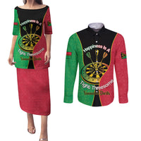 Personalised Vanuatu Darts Couples Matching Puletasi and Long Sleeve Button Shirt Happiness Is A Tight Threesome Sand Drawing Art