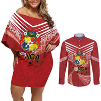 Tonga Darts Couples Matching Off Shoulder Short Dress and Long Sleeve Button Shirt Tongan Ngatu Pattern LT14 Red - Polynesian Pride