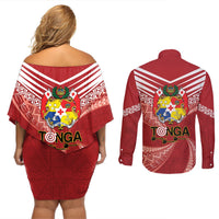 Tonga Darts Couples Matching Off Shoulder Short Dress and Long Sleeve Button Shirt Tongan Ngatu Pattern LT14 - Polynesian Pride