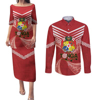 Tonga Darts Couples Matching Puletasi and Long Sleeve Button Shirt Tongan Ngatu Pattern LT14 Red - Polynesian Pride
