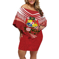 Tonga Darts Off Shoulder Short Dress Tongan Ngatu Pattern LT14 Women Red - Polynesian Pride