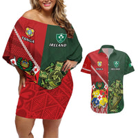 Custom Tonga And Ireland Rugby Couples Matching Off Shoulder Short Dress and Hawaiian Shirt Ikale Tahi With Shamrocks LT14 Red - Polynesian Pride