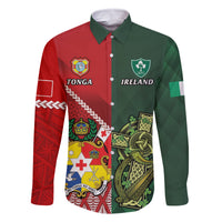 Custom Tonga And Ireland Rugby Family Matching Off The Shoulder Long Sleeve Dress and Hawaiian Shirt Ikale Tahi With Shamrocks LT14 Dad's Shirt - Long Sleeve Red - Polynesian Pride