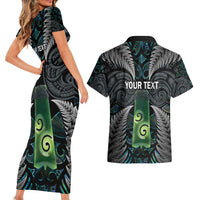 Personalised New Zealand Toki Couples Matching Short Sleeve Bodycon Dress and Hawaiian Shirt Silver Fern Mix Aotearoa Maori Pattern LT14 - Polynesian Pride