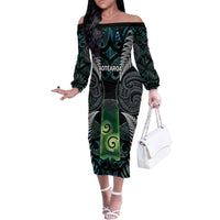 Personalised New Zealand Toki Family Matching Off The Shoulder Long Sleeve Dress and Hawaiian Shirt Silver Fern Mix Aotearoa Maori Pattern LT14 Mom's Dress Black - Polynesian Pride