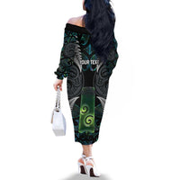 Personalised New Zealand Toki Family Matching Off The Shoulder Long Sleeve Dress and Hawaiian Shirt Silver Fern Mix Aotearoa Maori Pattern LT14 - Polynesian Pride
