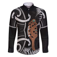 New Zealand Maripi Family Matching Off The Shoulder Long Sleeve Dress and Hawaiian Shirt Silver Fern Mix Aotearoa Maori Pattern LT14 Dad's Shirt - Long Sleeve Black - Polynesian Pride
