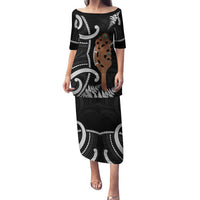 New Zealand Maripi Family Matching Puletasi and Hawaiian Shirt Silver Fern Mix Aotearoa Maori Pattern LT14 Mom's Dress Black - Polynesian Pride