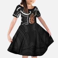 New Zealand Maripi Kid Short Sleeve Dress Silver Fern Mix Aotearoa Maori Pattern LT14 KID Black - Polynesian Pride