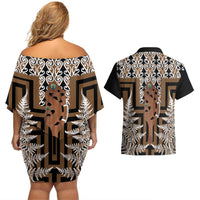 New Zealand Couples Matching Off Shoulder Short Dress and Hawaiian Shirt Maori Maripi Knife With Poutama Art LT14 - Polynesian Pride