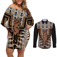 New Zealand Couples Matching Off Shoulder Short Dress and Long Sleeve Button Shirt Maori Maripi Knife With Poutama Art LT14 Brown - Polynesian Pride