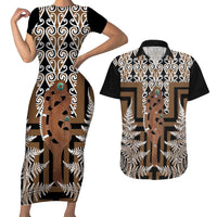 New Zealand Couples Matching Short Sleeve Bodycon Dress and Hawaiian Shirt Maori Maripi Knife With Poutama Art LT14 Brown - Polynesian Pride