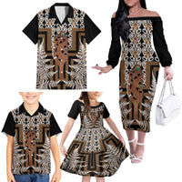 New Zealand Family Matching Off The Shoulder Long Sleeve Dress and Hawaiian Shirt Maori Maripi Knife With Poutama Art LT14 - Polynesian Pride