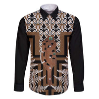 New Zealand Family Matching Off The Shoulder Long Sleeve Dress and Hawaiian Shirt Maori Maripi Knife With Poutama Art LT14 Dad's Shirt - Long Sleeve Brown - Polynesian Pride
