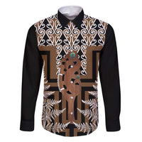 New Zealand Family Matching Off Shoulder Maxi Dress and Hawaiian Shirt Maori Maripi Knife With Poutama Art LT14 Dad's Shirt - Long Sleeve Brown - Polynesian Pride