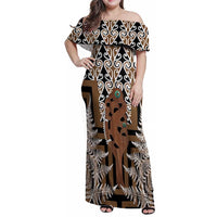 New Zealand Family Matching Off Shoulder Maxi Dress and Hawaiian Shirt Maori Maripi Knife With Poutama Art LT14 Mom's Dress Brown - Polynesian Pride