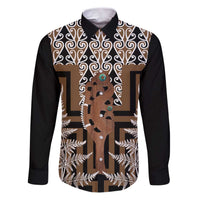 New Zealand Family Matching Puletasi and Hawaiian Shirt Maori Maripi Knife With Poutama Art LT14 Dad's Shirt - Long Sleeve Brown - Polynesian Pride