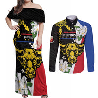 Personalised Philippines Carabao Couples Matching Off Shoulder Maxi Dress and Long Sleeve Button Shirt Filipino Sun Mix Sampaguita Flower