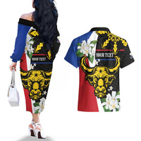 Personalised Philippines Carabao Couples Matching Off The Shoulder Long Sleeve Dress and Hawaiian Shirt Filipino Sun Mix Sampaguita Flower LT14 - Polynesian Pride