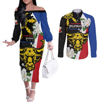 Personalised Philippines Carabao Couples Matching Off The Shoulder Long Sleeve Dress and Long Sleeve Button Shirt Filipino Sun Mix Sampaguita Flower LT14 Black - Polynesian Pride