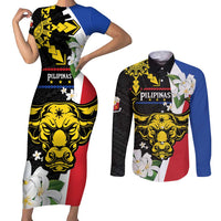 Personalised Philippines Carabao Couples Matching Short Sleeve Bodycon Dress and Long Sleeve Button Shirt Filipino Sun Mix Sampaguita Flower LT14 Black - Polynesian Pride