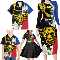 Personalised Philippines Carabao Family Matching Long Sleeve Bodycon Dress and Hawaiian Shirt Filipino Sun Mix Sampaguita Flower LT14 - Polynesian Pride