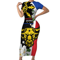 Personalised Philippines Carabao Family Matching Short Sleeve Bodycon Dress and Hawaiian Shirt Filipino Sun Mix Sampaguita Flower LT14 Mom's Dress Black - Polynesian Pride