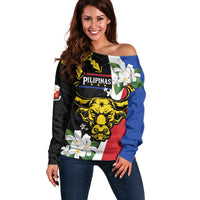 Personalised Philippines Carabao Off Shoulder Sweater Filipino Sun Mix Sampaguita Flower LT14 Women Black - Polynesian Pride