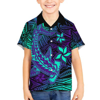 Purple Polynesian Family Matching Long Sleeve Bodycon Dress and Hawaiian Shirt Tribal Hammerhead Shark LT14 Son's Shirt Purple - Polynesian Pride