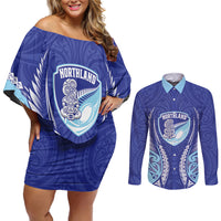 Northland 2026 Rugby Custom Couples Matching Off Shoulder Short Dress and Long Sleeve Button Shirt NZ Maori Silver Fern LT14 Blue - Polynesian Pride