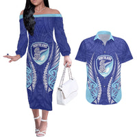 Northland 2026 Rugby Custom Couples Matching Off The Shoulder Long Sleeve Dress and Hawaiian Shirt NZ Maori Silver Fern LT14 Blue - Polynesian Pride