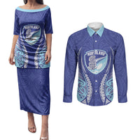 Northland 2026 Rugby Custom Couples Matching Puletasi and Long Sleeve Button Shirt NZ Maori Silver Fern LT14 Blue - Polynesian Pride