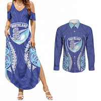 Northland 2026 Rugby Custom Couples Matching Summer Maxi Dress and Long Sleeve Button Shirt NZ Maori Silver Fern LT14 Blue - Polynesian Pride