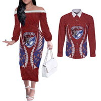 Southland 2026 Rugby Custom Couples Matching Off The Shoulder Long Sleeve Dress and Long Sleeve Button Shirt NZ Maori Silver Fern LT14 Maroon - Polynesian Pride