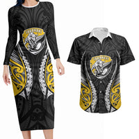 Taranaki 2026 Rugby Custom Couples Matching Long Sleeve Bodycon Dress and Hawaiian Shirt NZ Maori Silver Fern LT14 Black - Polynesian Pride