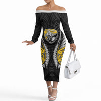 Taranaki 2026 Rugby Custom Off The Shoulder Long Sleeve Dress NZ Maori Silver Fern LT14 Women Black - Polynesian Pride
