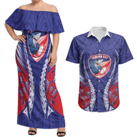 Tasman Bay 2026 Rugby Custom Couples Matching Off Shoulder Maxi Dress and Hawaiian Shirt NZ Maori Silver Fern LT14 Blue - Polynesian Pride
