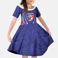 Tasman Bay 2026 Rugby Custom Family Matching Off Shoulder Maxi Dress and Hawaiian Shirt NZ Maori Silver Fern LT14 Daughter's Dress Blue - Polynesian Pride