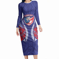 Tasman Bay 2026 Rugby Custom Long Sleeve Bodycon Dress NZ Maori Silver Fern LT14 Long Dress Blue - Polynesian Pride