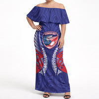 Tasman Bay 2026 Rugby Custom Off Shoulder Maxi Dress NZ Maori Silver Fern LT14 Women Blue - Polynesian Pride