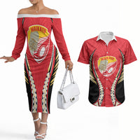Waikato 2026 Rugby Custom Couples Matching Off The Shoulder Long Sleeve Dress and Hawaiian Shirt NZ Maori Silver Fern LT14 Red - Polynesian Pride