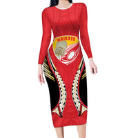 Waikato 2026 Rugby Custom Long Sleeve Bodycon Dress NZ Maori Silver Fern LT14 Long Dress Red - Polynesian Pride