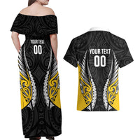 Wellington 2026 Rugby Custom Couples Matching Off Shoulder Maxi Dress and Hawaiian Shirt NZ Maori Silver Fern