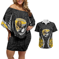 Wellington 2026 Rugby Custom Couples Matching Off Shoulder Short Dress and Hawaiian Shirt NZ Maori Silver Fern LT14 Black - Polynesian Pride
