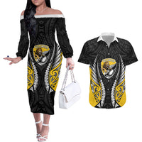 Wellington 2026 Rugby Custom Couples Matching Off The Shoulder Long Sleeve Dress and Hawaiian Shirt NZ Maori Silver Fern LT14 Black - Polynesian Pride
