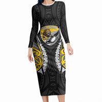 Wellington 2026 Rugby Custom Long Sleeve Bodycon Dress NZ Maori Silver Fern LT14 Long Dress Black - Polynesian Pride