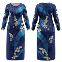 Teal Purple Banana Leaf Hawaii Couples Matching Long Sleeve Bodycon Dress and Hawaiian Shirt Lau Maia Plumeria Tropical Summer Vibes LT14 - Polynesian Pride