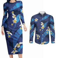 Teal Purple Banana Leaf Hawaii Couples Matching Long Sleeve Bodycon Dress and Long Sleeve Button Shirt Lau Maia Plumeria Tropical Summer Vibes LT14 Teal Purple - Polynesian Pride